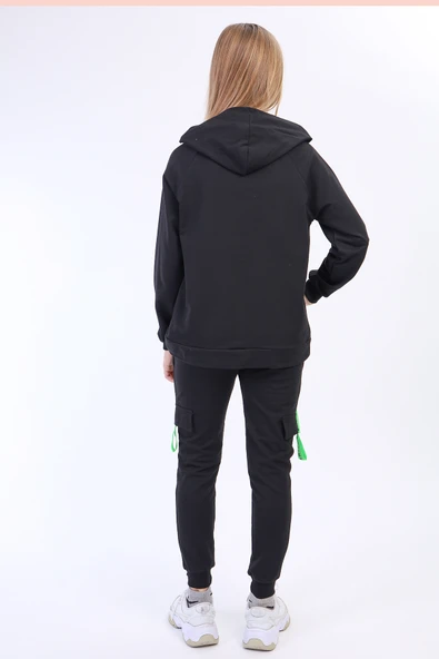 Toontoy Kız Çocuk 2'li Takım Baskılı Kapüşonlu Reglan Kol Sweatshirt & Beli Lastikli Cepli Eşofman Altı - Şerit Detaylı ürün görseli 1