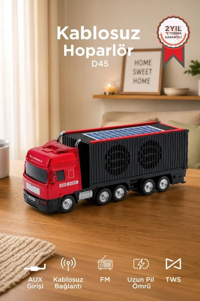 Bluetooth Hoparlör Güneş Enerjili Tır Tasarımlı FM USB AUX Speaker D45 Kırmızı ürün görseli 1