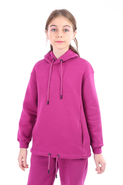Toontoy Kız Çocuk Oversize Kapüşonlu Cepli Düşük Omuz Baskılı Sweatshirt - Beli Ayarlanabilir & 3 İplik Şardonlu ürün görseli 1