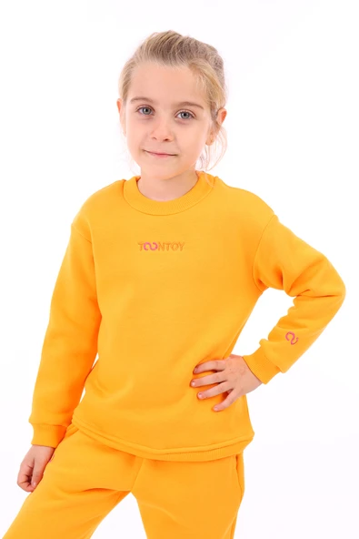 Toontoy Kız Çocuk Relax Fit Bisiklet Yaka Hafif Düşük Omuz Nakış Baskılı Sweatshirt - 3 İplik Şardonlu ürün görseli 1