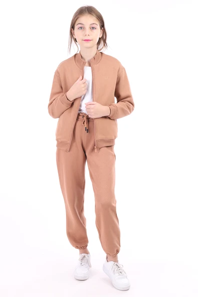 Toontoy Kız Çocuk Dik Yaka Fermuarlı Düşük Omuz Örme Hırka - 2 İplik Şardonlu ürün görseli 1