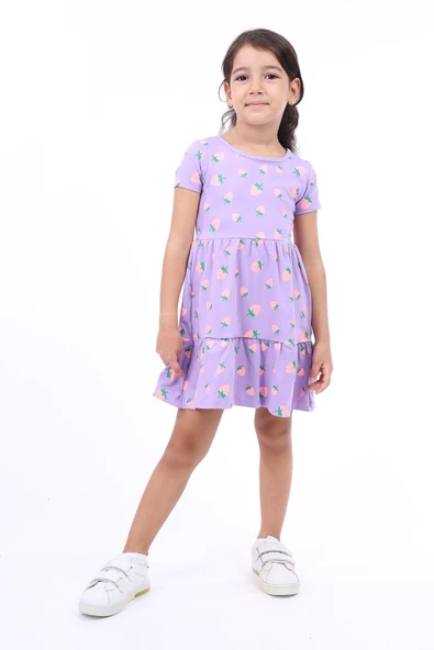 Toontoy Kız Çocuk Bisiklet Yaka Komple Çilek Baskılı Elbise ürün görseli 1