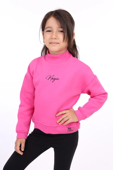 Toontoy Kız Çocuk Relax Fit Dik Yaka Düşük Omuz Nakış Baskılı Sweatshirt - 3 İplik Şardonlu ürün görseli 1