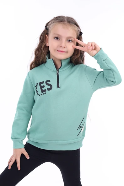Toontoy Kız Çocuk Relax Fit Dik Yaka Fermuarlı Baskılı Sweatshirt - 3 İplik Şardonlu ürün görseli 1