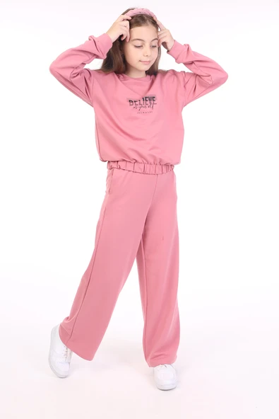 Toontoy Kız Çocuk 2'li Takım Baskılı Bisiklet Yaka Sweatshirt & Beli Lastikli Bol Paça Eşofman Altı - 2 İplik ürün görseli 1