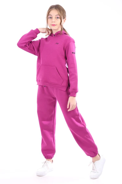Toontoy Kız Çocuk Oversize Kapüşonlu Cepli Nakış Baskılı Yırtmaçlı Sweatshirt - 3 İplik Şardonlu ürün görseli 1