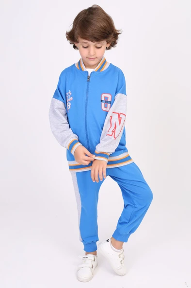 Toontoy Erkek Çocuk 2'li Takım Baskılı Kolej Yaka Fermuarlı Sweatshirt & Beli Paçası Lastikli Jogger Eşofman Altı - Renk Bloklu & 2 İplik ürün görseli 1