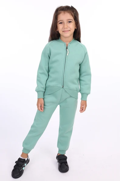 Toontoy Kız Çocuk 2'li Takım Nakış Baskılı Bebe Yaka Fermuarlı Sweatshirt & Beli Lastikli Bol Paça Eşofman Altı - 3 İplik Şardonlu ürün görseli 1