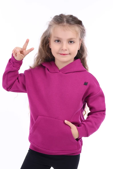 Toontoy Kız Çocuk Oversize Kapüşonlu Cepli Düşük Omuz Baskılı Sweatshirt - 3 İplik Şardonlu ürün görseli 1