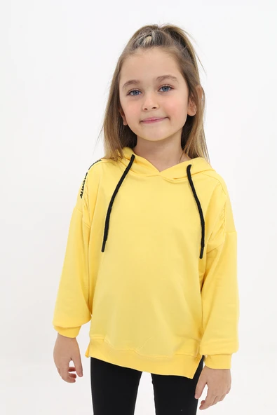 Toontoy Kız Çocuk Oversize Kapüşonlu Büzgülü Düşük Omuz Nakış Baskılı Yırtmaçlı Sweatshirt -  2 İplik ürün görseli 1