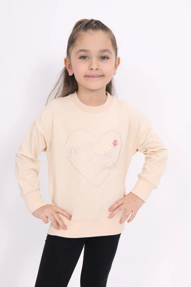 Toontoy Kız Çocuk Relax Fit Bisiklet Yaka Hafif Düşük Omuz Nakış Baskılı Sweatshirt - 2 İplik ürün görseli 1