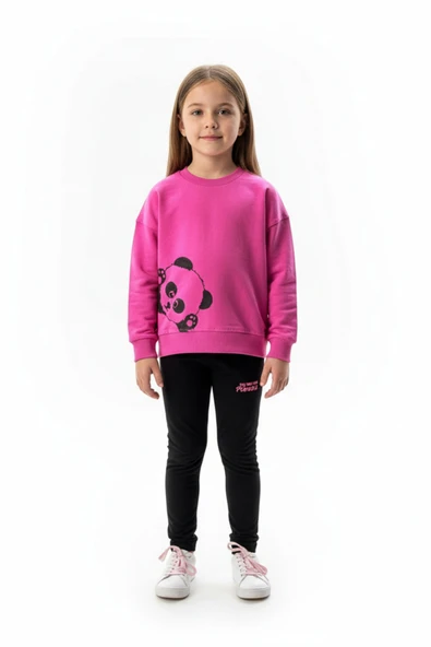 Toontoy Kız Çocuk 2'li Takım Baskılı Bisiklet Yaka Düşük Omuz Sweatshirt & Basic Düz Tayt ürün görseli 1