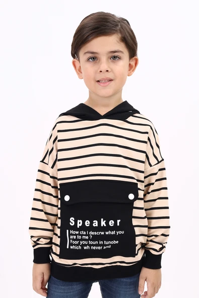Toontoy Erkek Çocuk Oversize Kapüşonlu Düşük Omuz Baskılı Çizgili Sweatshirt - Garnili & 2 İplik ürün görseli 1