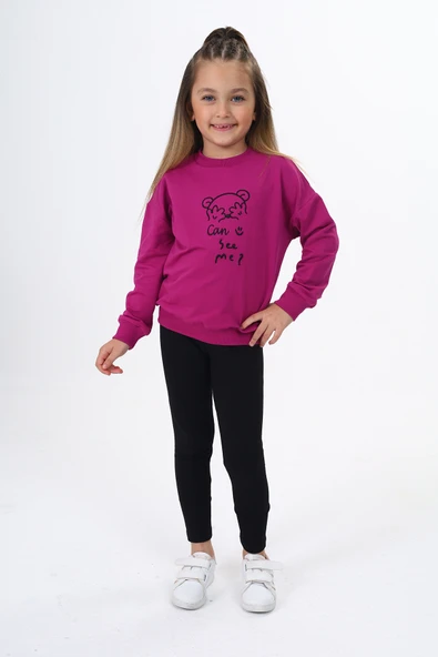 Toontoy Kız Çocuk 2'li Takım Baskılı Bisiklet Yaka Düşük Omuz Sweatshirt & Basic Düz Tayt ürün görseli 1