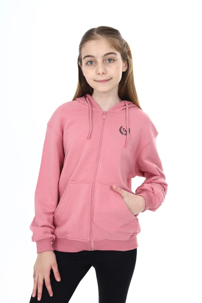 Toontoy Kız Çocuk Kapüşonlu Fermuarlı Cepli Düşük Omuz Nakış Baskılı Örme Hırka - 2 İplik ürün görseli 1