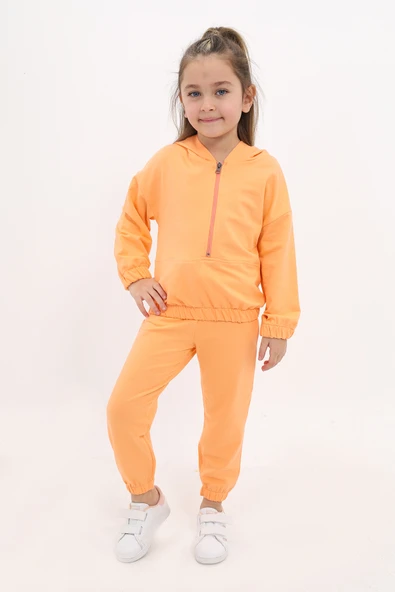 Toontoy Kız Çocuk 2'li Takım Kapüşonlu Fermuarlı Sweatshirt & Beli Paçası Lastikli Jogger Eşofman Altı - 2 İplik ürün görseli 1