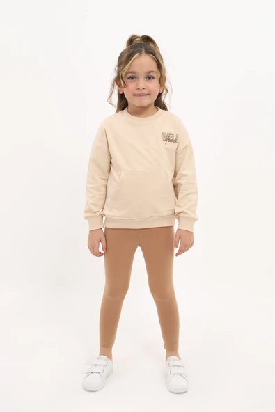 Toontoy Kız Çocuk 2'li Takım Baskılı Bisiklet Yaka Düşük Omuz Sweatshirt & Basic Düz Tayt ürün görseli 1