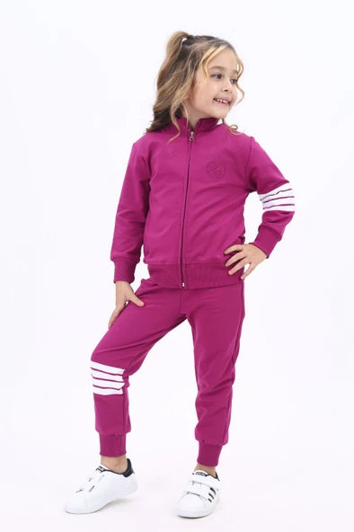 Toontoy Kız Çocuk 2'li Takım Nakış Baskılı Dik Yaka Fermuarlı Sweatshirt & Beli Paçası Lastikli Ribanalı Jogger Eşofman Altı - Bant Detaylı & 2 İplik ürün görseli 1