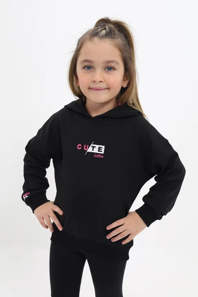 Toontoy Kız Çocuk Relax Fit Kapüşonlu Düşük Omuz Baskılı Sweatshirt -  2 İplik ürün görseli 1