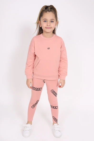Toontoy Kız Çocuk 2'li Takım Baskılı Bisiklet Yaka Düşük Omuz Cepli Sweatshirt & Basic Düz Tayt ürün görseli 1