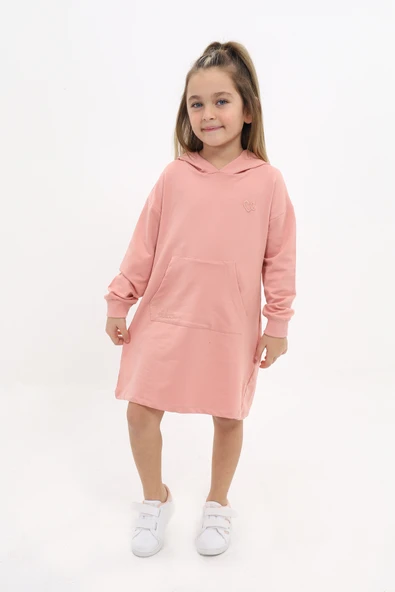 Toontoy Kız Çocuk Baskılı Oversize Kapüşonlu Cepli Uzun Kollu Elbise - ürün görseli 1