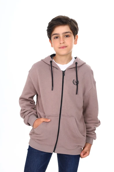 Toontoy Erkek Çocuk Kapüşonlu Fermuarlı Cepli Düşük Omuz Baskılı Örme Hırka - 3 İplik Şardonsuz ürün görseli 1