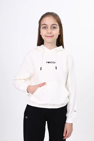 Toontoy Kız Çocuk Oversize Kapüşonlu Cepli Düşük Omuz Baskılı Sweatshirt -  2 İplik ürün görseli 1