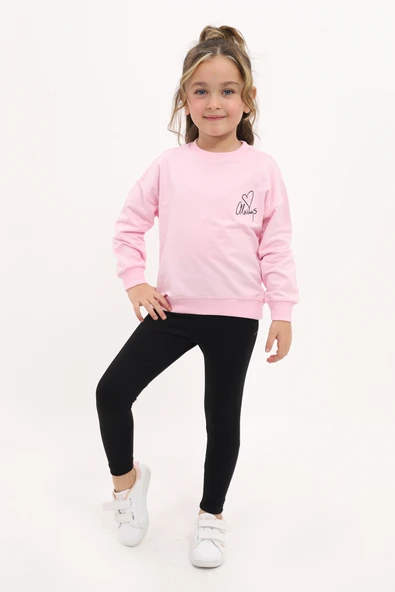 Toontoy Kız Çocuk 2'li Takım Baskılı Bisiklet Yaka Düşük Omuz Sweatshirt & Basic Düz Tayt ürün görseli 1