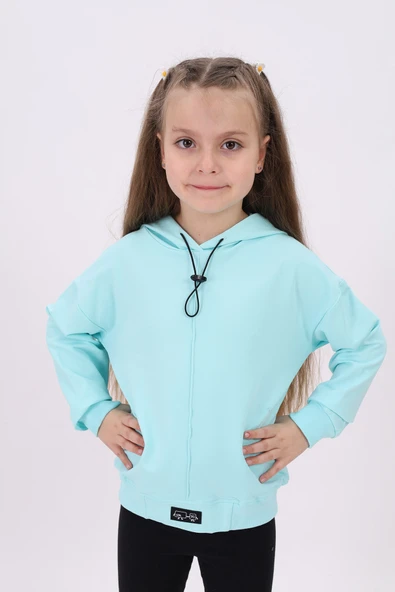 Toontoy Kız Çocuk Oversize Kapüşonlu Düşük Omuz Baskılı Nervürlü Sweatshirt - 2 İplik ürün görseli 1