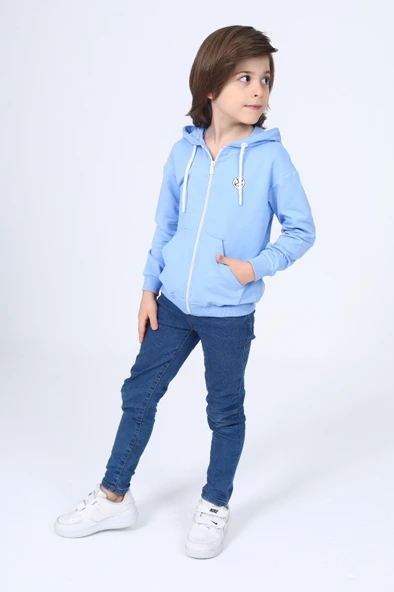 Toontoy Erkek Çocuk Kapüşonlu Fermuarlı Cepli Düşük Omuz Baskılı Örme Hırka - 3 İplik Şardonsuz ürün görseli 1