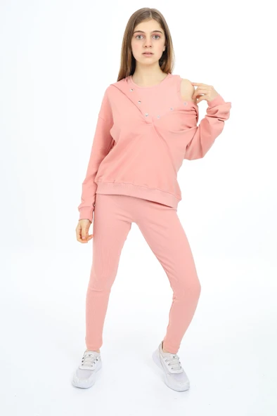 Toontoy Kız Çocuk 2'li Takım Baskılı Kapüşonlu Düşük Omuz Çıtçıtlı Sweatshirt & Basic Düz Tayt ürün görseli 1