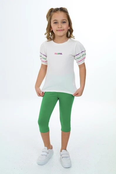 Toontoy Kız Çocuk 2'li Takım Baskılı Bisiklet Yaka Prenses Kol T-Shirt & Beli Lastikli Crop Tayt ürün görseli 1