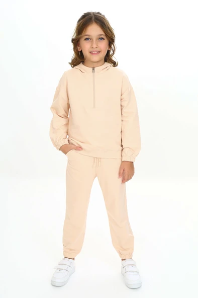 Toontoy Kız Çocuk 2'li Takım Kapüşonlu Fermuarlı Sweatshirt & Beli Paçası Lastikli Jogger Eşofman Altı - 2 İplik ürün görseli 1