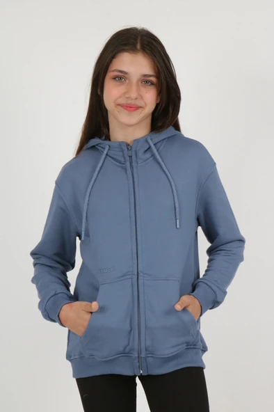 Toontoy Kız Çocuk Kapüşonlu Fermuarlı Cepli Düşük Omuz Nakış Baskılı Örme Hırka - 3 İplik Şardonsuz ürün görseli 1