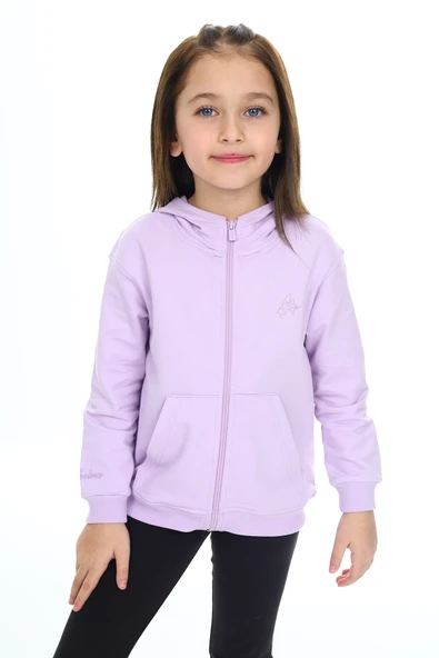 Toontoy Kız Çocuk Kapüşonlu Fermuarlı Cepli Düşük Omuz Nakış Baskılı Örme Hırka - 2 İplik ürün görseli 1