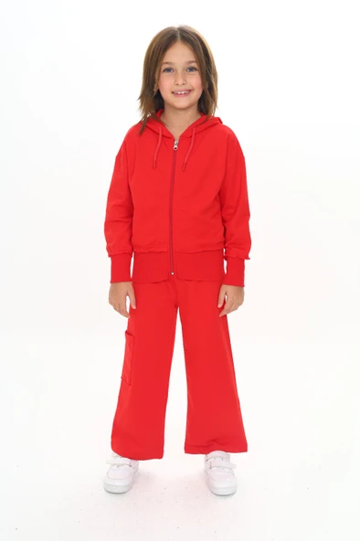 Toontoy Kız Çocuk 2'li Takım Kapüşonlu Fermuarlı Sweatshirt & Beli Lastikli Bol Paça Cepli Eşofman Altı - 2 İplik ürün görseli 1