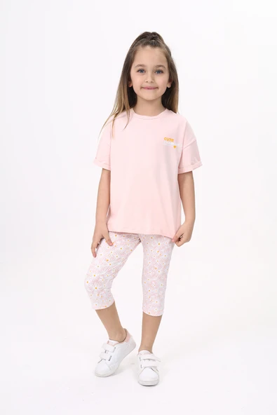 Toontoy Kız Çocuk 2'li Takım Baskılı Bisiklet Yaka T-Shirt & Beli Lastikli Crop Tayt ürün görseli 1