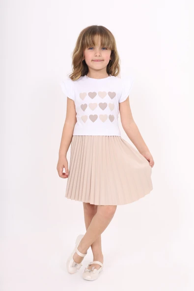 Toontoy Kız Çocuk Kol Fırfır Kalp Baskılı Etekli Takım ürün görseli 1