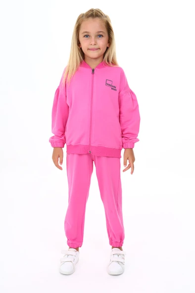 Toontoy Kız Çocuk 2'li Takım Baskılı Kolej Yaka Fermuarlı Cepli Sweatshirt & Beli Paçası Lastikli Cepli Jogger Eşofman Altı - 2 İplik ürün görseli 1