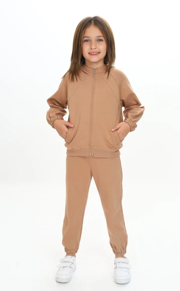 Toontoy Kız Çocuk 2'li Takım Kapüşonlu Cepli Reglan Kol Sweatshirt & Beli Paçası Lastikli Cepli Jogger Eşofman Altı - 2 İplik ürün görseli 1