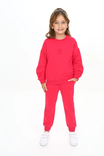 Toontoy Kız Çocuk 2'li Takım Baskılı Bisiklet Yaka Kolu Büzgülü Sweatshirt & Beli Paçası Lastikli Cepli Jogger Eşofman Altı - 2 İplik ürün görseli 1