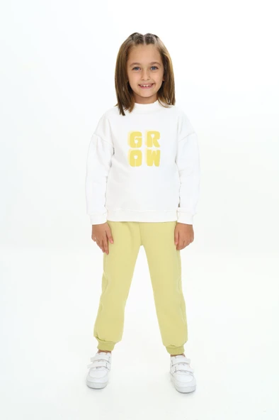 Toontoy Kız Çocuk 2'li Takım Baskılı Dik Yaka Sweatshirt & Beli Paçası Lastikli Jogger Eşofman Altı - Renk Bloklu & 3 İplik Şardonlu ürün görseli 1