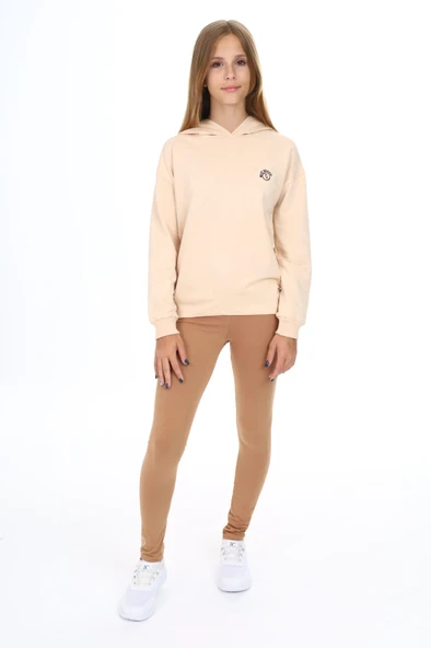 Toontoy Kız Çocuk 2'li Takım Baskılı Kapüşonlu Düşük Omuz Sweatshirt & Basic Düz Tayt ürün görseli 1