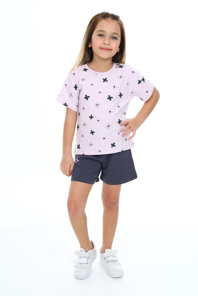Toontoy Kız Çocuk 2'li Takım Baskılı Bisiklet Yaka T-Shirt & Beli Lastikli Cepli Şort ürün görseli 1