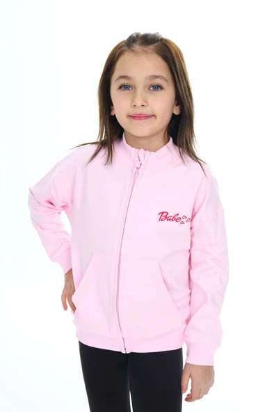 Toontoy Kız Çocuk Dik Yaka Fermuarlı Düşük Omuz Cepli Nakış Baskılı Örme Hırka - 2 İplik Şardonlu ürün görseli 1