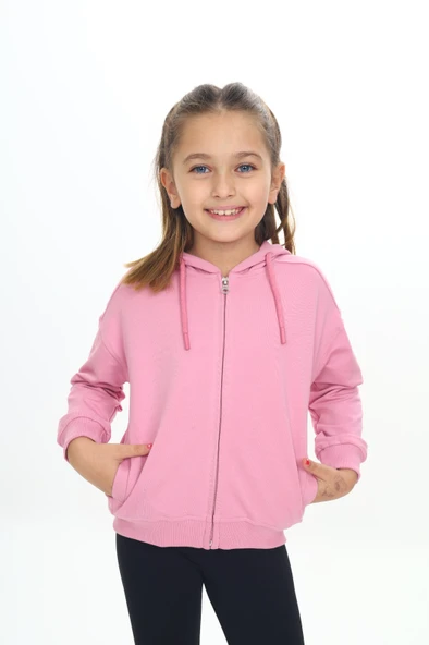 Toontoy Kız Çocuk Kapüşonlu Fermuarlı Cepli Düşük Omuz Örme Hırka - 2 İplik ürün görseli 1