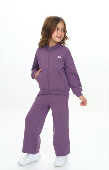 Toontoy Kız Çocuk 2'li Takım Dik Yaka Fermuarlı Cepli Sweatshirt & Beli Lastikli Cepli Bol Paça Eşofman Altı - 2 İplik ürün görseli 1