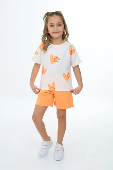 Toontoy Kız Çocuk 2'li Takım Baskılı Bisiklet Yaka T-Shirt & Beli Lastikli Cepli Şort ürün görseli 1