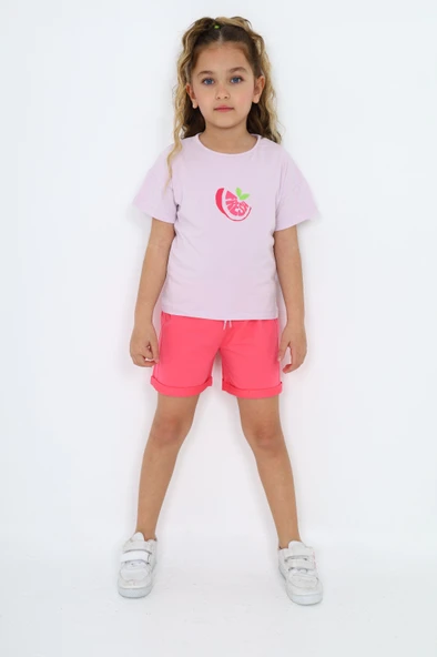 Toontoy Kız Çocuk 2'li Takım Baskılı Bisiklet Yaka T-Shirt & Beli Lastikli Şort ürün görseli 1