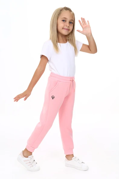 Toontoy Kız Çocuk Nakış Baskılı Beli Paçası Ribanalı Cepli Basic Jogger Eşofman Altı 3 İplik Şardonlu ürün görseli 1